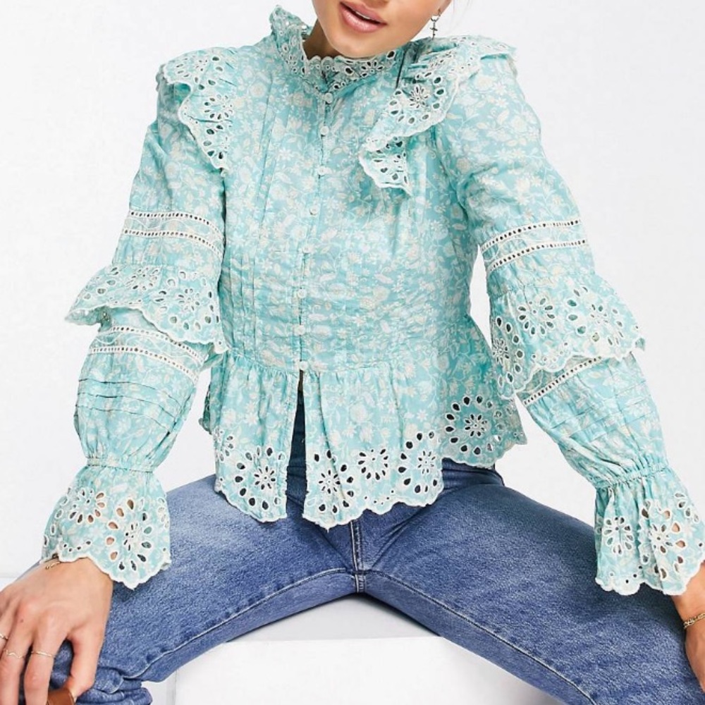 River Island Floral Ruffle Neck Blouse